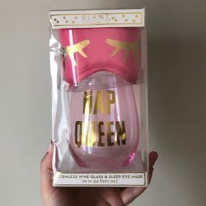 “Nap Queen” Stemless Wine Glass and Eye Mask